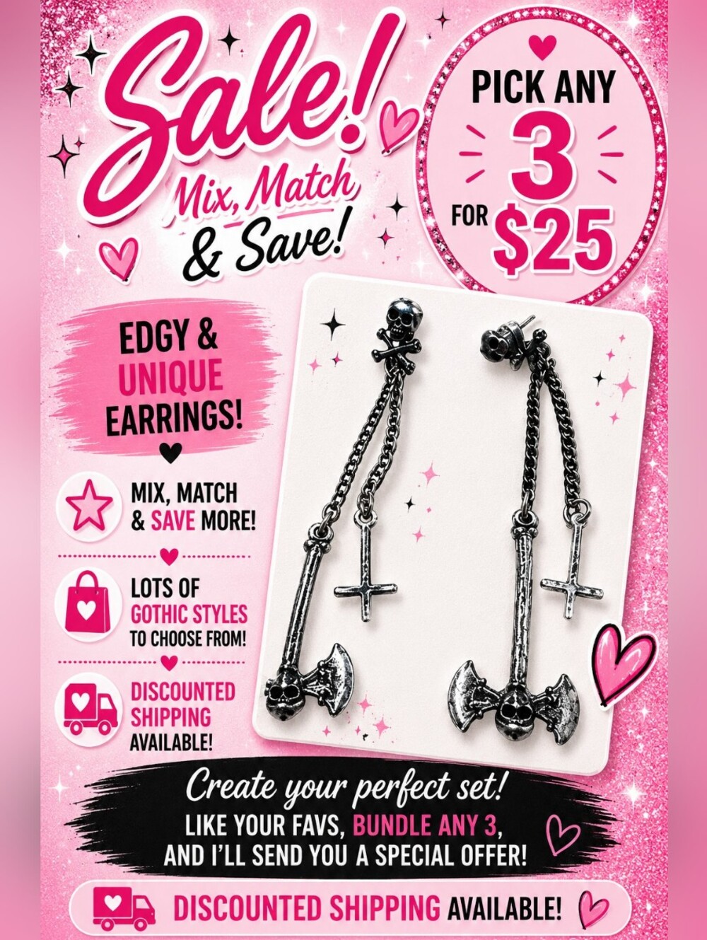 Goth Skull Cross Battle Axe Chain Dangle Earrings Silver Tone Punk Gothic